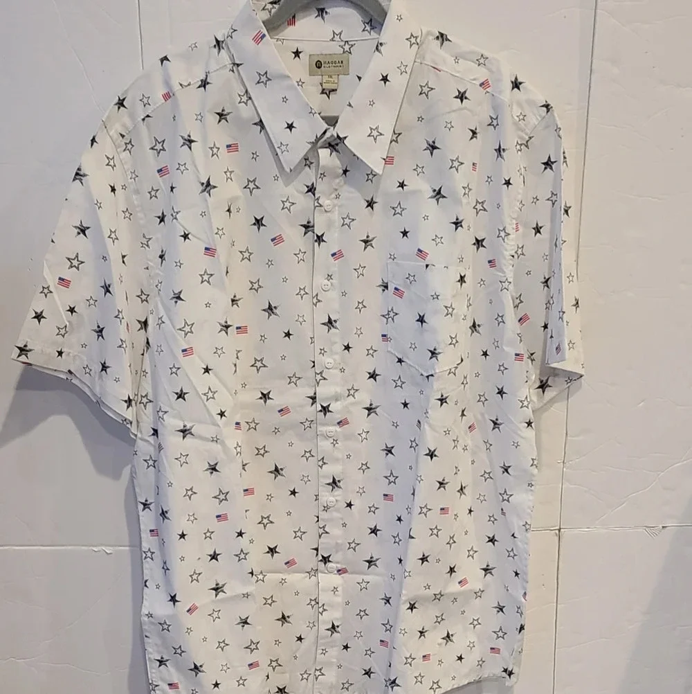NWOT Haggar mens shirts sz.XXL short sleeve Cotton blue red white stars & flag